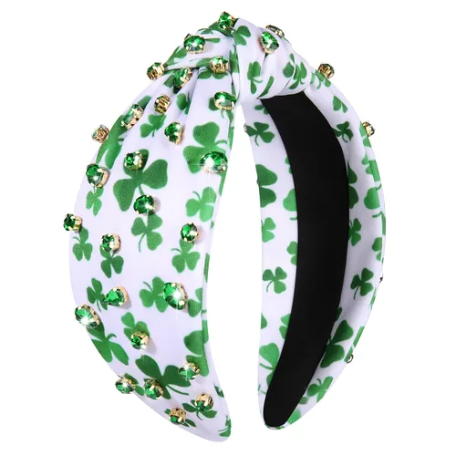 Vista 9 de boderier Diadema del día de San Patricio con sombrero de copa verde, diadema de trébol, accesorios de fiesta anudada de cristal con cuentas