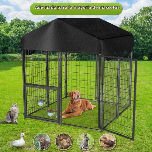 Vista 6 de Perrera resistente para perros al aire libre, perreras cubiertas exteriores con techo, 4 x 4.2 x 4.5 pies, puerta de comedero ajustable para perros