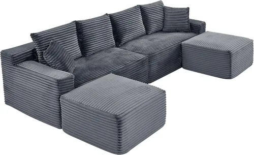 Vista 12 de Sofá seccional de nube en forma de U de 115 pulgadas, sofá modular comprimido sin hueso con diván otomano reversible, sofá simétrico de pana de Gris