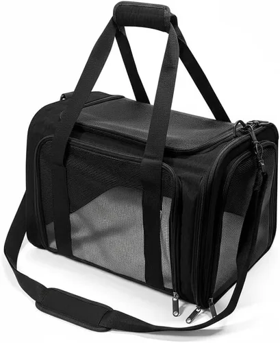 Vista 2 de Transportador para perros para mascotas, hasta 25 libras, transportador de viaje plegable para cachorros con correa para el hombro y tapete Negro