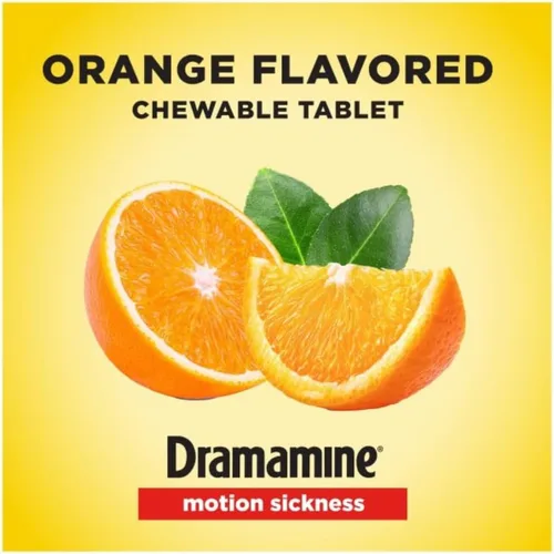 Vista 4 de Dramamine Fórmula masticable para aliviar el mareo por movimiento, naranja, 8 unidades, paquete de 3