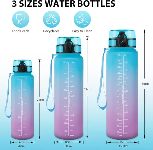 Vista 5 de Botella Agua, Motivacional 1.5 Litre, Cantimplora Gimnasio, Marcador de Tiempo, Botella de Agua, Reutilizable, Water Bottle para Escuela Camping
