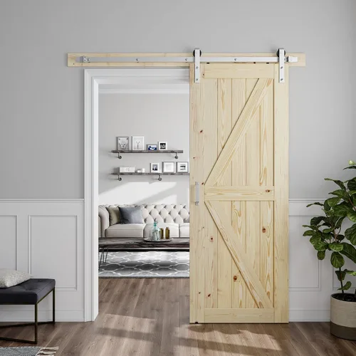 Vista 9 de SMARTSTANDARD Puerta corrediza de granero de 26 x 84 pulgadas con herrajes de níquel cepillado Kit de riel y mango de 5 pies, requiere montaje