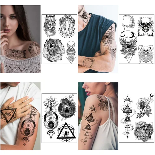 Vista 4 de Yazhiji 32 hojas de tatuajes temporales para adultos, tótem, flor de rosa, girasol, tatuajes falsos para mujeres y hombres, brazo planeta Hlalf