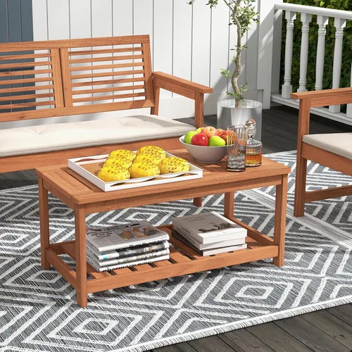 Vista 8 de Giantex Mesa de centro de madera dura para patio, mesa de centro de madera de 2 niveles con mesa de listones y estante de almacenamiento, mesa