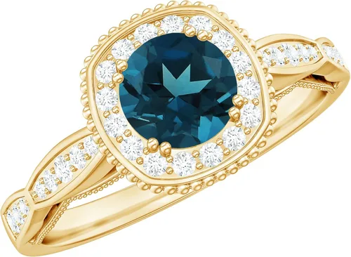 Vista 10 de Anillo de compromiso con halo de diamantes de topacio azul londinense certificado, calidad AAA, anillo de diamantes de topacio azul natural