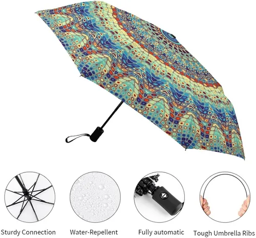 Vista 3 de Vhcawsu Elegante paraguas de mandala, estilo retro, étnico, resistente al viento, paraguas de viaje automático, compacto, plegable, para sol