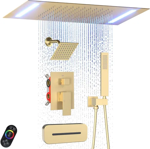 Vista 14 de ENGA - Sistema de ducha doble LED de lluvia, cabezal de ducha grande de 14 x 20 pulgadas + ducha de pared de 6 pulgadas, 4 chorros corporales
