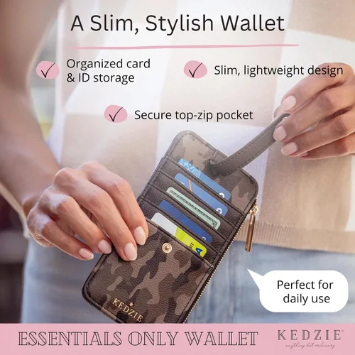 Vista 3 de KEDZIE Essentials Only - Cartera con cremallera para mujer, de piel vegana, pequeña tarjetero con ventana exterior para identificación, Glamoflauge