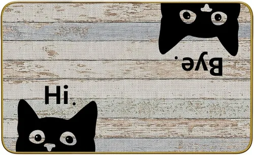 Vista 7 de Mingnei Hi Bye Cat Welcome Felpudo – Tapete para puerta de entrada de cocina en el hogar, divertido tapete negro para amantes de los gatos
