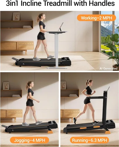Vista 10 de 16% Incline Walking Pad Treadmill, 3-in-1 Under Desk Treadmill with Handles
