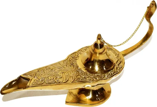 Vista 2 de Lámpara de aceite Aladdin de 100 % latón puro de 10 pulgadas, genio/Chirag ornamentado, latón dorado, juguetes vintage y regalos para niños, fiesta