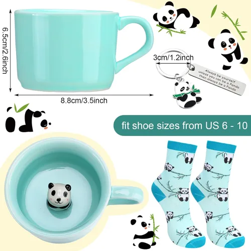 Vista 2 de Kit de regalo con temática de panda de 3 piezas para mujeres, taza de panda, calcetín y llavero, linda taza para fiesta de Navidad, regalo