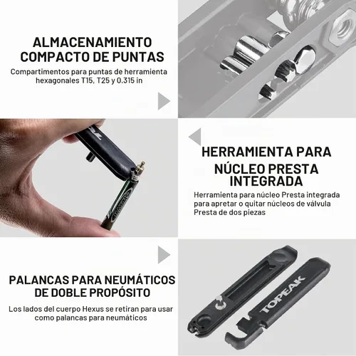 Vista 5 de Topeak Hexus X Multiherramienta, reparación de bicicletas de 21 funciones con herramienta de cadena, palancas de neumáticos y núcleo Presta, diseño