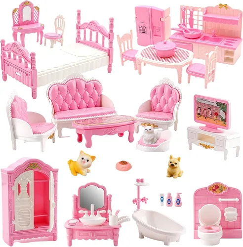 Vista 8 de Casa de muñecas, con sala de estar, dormitorio, baño, muebles de cocina, casa de muñecas de doble cara con 1 muñeca, 3 juegos de ropa, luces