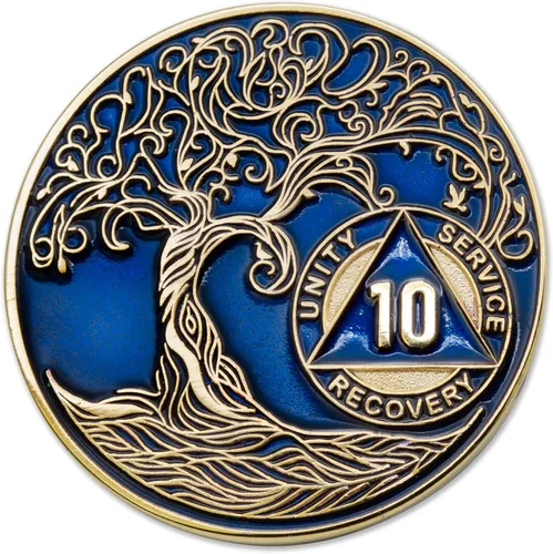 Vista 224 de 1 año Sobriety Mint Twisted Tree of Life Medallón de recuperación AA chapado en oro, chip/ficha - negro