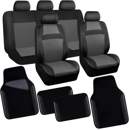 Vista 10 de CAR PASS Juego completo de fundas de asiento de automóvil de malla de aire 3D y 4 alfombrillas impermeables para piso de automóvil con esponja Gris