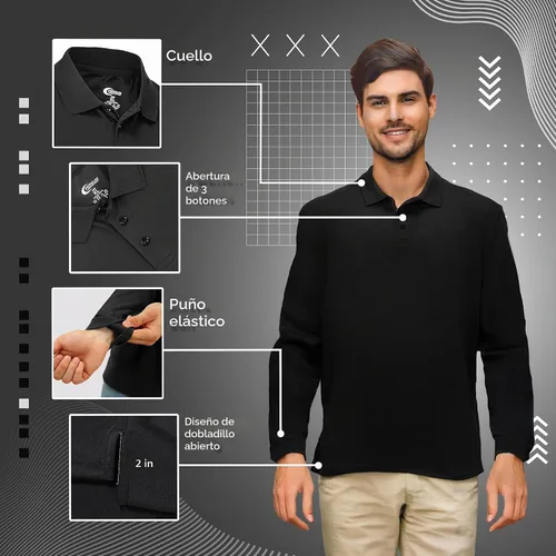 Vista 5 de Camisa estilo Polo de manga larga Premium Wear para hombre, camisa de golf de mezcla de algodón con cuello, solapa de 3 botones, resistente a