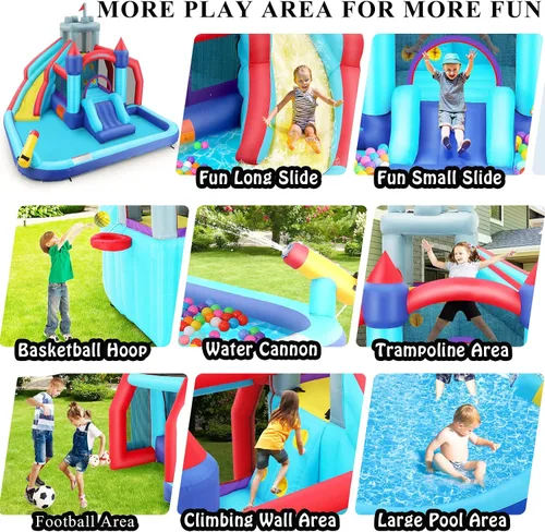 Vista 3 de AKEYDIY Toboganes acuáticos inflables, estilo castillo, parque acuático inflable al aire libre con escalada, borde de baloncesto, piscina