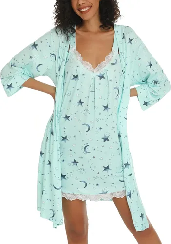 Vista 3 de ENJOYNIGHT Conjunto de bata sexy con cuello en V de 2 piezas para mujer, camisón de lencería con batas, conjunto de pijama de encaje