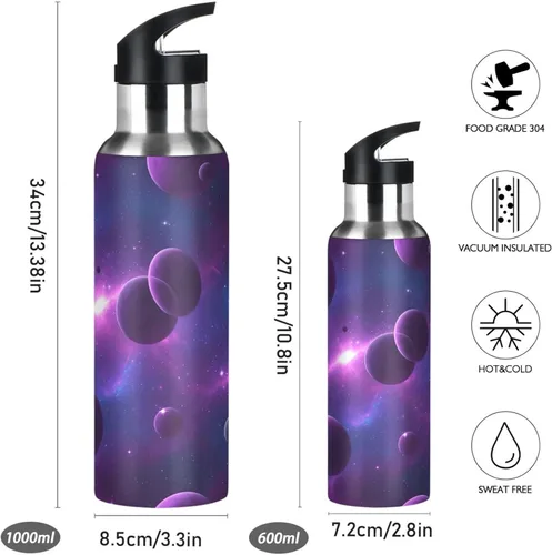 Vista 2 de Stainless Steel Vacuum Insulated Water Bottle 20 Oz, BPA-Free Sport Water Bottle for Gym Outdoor Travel School, Cosmic Scene Purple Planets