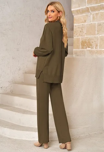Vista 7 de Viottiset Conjunto de 2 piezas de suéter para mujer, pantalones de pierna ancha, cuello alto, ropa de descanso