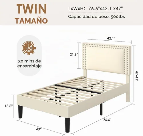 Vista 2 de VECELO Base de cama de plataforma de tamaño individual con cabecera tapizada de altura ajustable, base de colchón moderna, soporte de listones