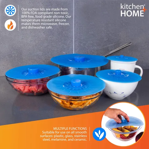 Vista 4 de Set de 5 tapas de silicona de diferentes tamaños para tazas, cuencos, ollas o contenedores., Azul