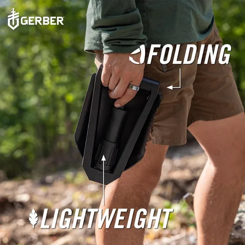 Vista 5 de Gerber Gear E-Tool - Pala plegable para campamento, borde de hoja dentada y mango de nailon relleno de vidrio, 2 pies, color negro