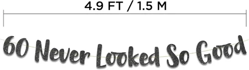 Vista 4 de Cartel negro con purpurina preencordada de 60 "Never Looked So Good", decoraciones para cumpleaños de 60 años y aniversario para hombres y mujeres