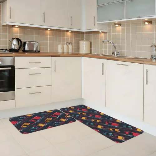Vista 2 de Antifatigue Kitchen Mats for Floor 2 Piece - Retro Color Racing Car Print Kitchen Rugs Non Slip Washable, Runner Rug Standing Mat for