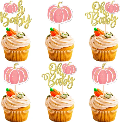 Vista 16 de Paquete de 24 adornos para cupcakes de calabaza para niños o niñas, con purpurina para revelación de género, calabaza, pies de bebé, para baby
