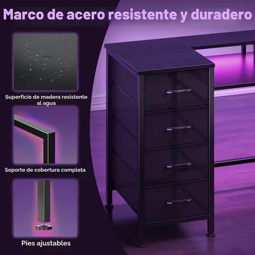 Vista 5 de Korfile - Escritorio para computadora de 47 pulgadas con 5 cajones de almacenamiento de tela, escritorio para juegos con tomas de corriente y luces