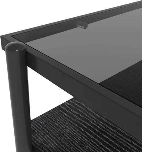Vista 8 de Mesa de centro moderna rectangular con tapa de vidrio templado con estante de madera para el hogar, sala de estar, oficina, tienda o dormitorio