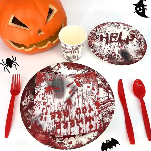 Vista 3 de Bloody Good Time - Juego de vajilla para fiesta de Halloween, calavera zombi, decoración de mesa de fiesta de Halloween, suministros de mesa, platos