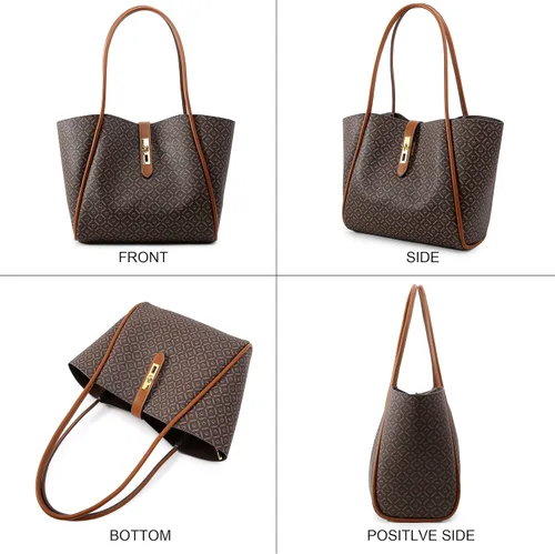 Vista 6 de Queenoris Tote Bag for Women, Top-handle Shoulder Handbag Large Capacity Purese Designer Retro Bag with Clutch