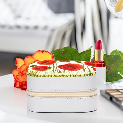 Vista 6 de KQNZT Joyero pequeño para niñas, organizador de joyas de viaje de piel sintética, flor roja de amapola de maíz floral