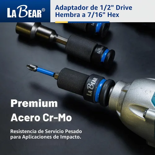 Vista 6 de LABEAR Adaptador de impacto de liberación rápida hexagonal de 1/2 pulgada hembra a 7/16 pulgadas, acero Cr-Mo
