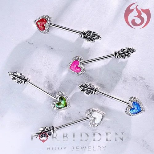 Vista 3 de Forbidden Body Jewelry Pave CZ Opalite Heart & Feather Flecha Acero Quirúrgico Pezón Barbells Rosado