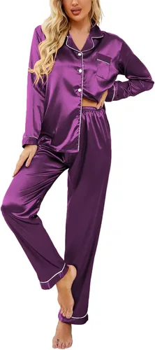 Vista 57 de Ekouaer - Conjunto de pijama de satén de seda clásico con botones para mujer, de manga larga Verde militar