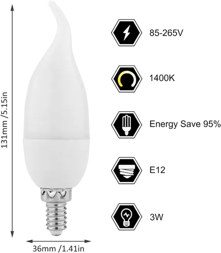 Vista 4 de Lpraer Paquete de 6 bombillas LED E12 con efecto de llama, 3 modos de luz parpadeante con punta de llama para candelabro, bombillas de araña blancas