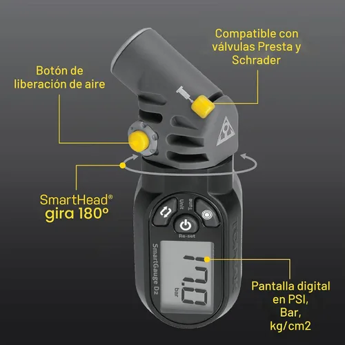 Vista 4 de Topeak SmartGauge D2 - Medidor digital de presión de neumáticos, compatible con Presta/Schrader, 250 Psi/17 bar, lector de presión de aire