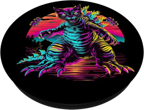 Vista 2 de Streetwear Synthwave 80s 90s Catzilla graphic Cat Japanese PopSockets Adhesive PopGrip