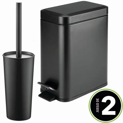 Vista 2 de mDesign Escobilla y soporte para inodoro de metal independiente delgado + papelera de pedal de 5 litros / 1.3 galones de diseño estrecho rectangular