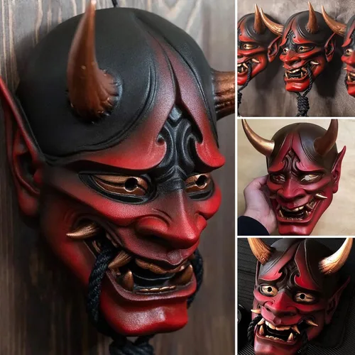 Vista 3 de Máscara de samurai japonés Oni Hannya para Halloween, máscara de demonio de media cara, NOH Kabuki Prajna Devil Half Face Mask Cosplay