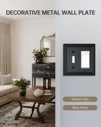 Vista 2 de Switch Plates Outlet Covers, 1-Pack Metal Wall Plate, Black Finish Midsize 1 Toggle 1 Decorator Combo Wall Plate, Ideal for GFCI Outlets, Light