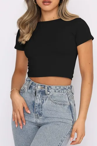 Vista 2 de WYNNQUE Camisetas cortas para mujer, lindas camisetas básicas de verano con cuello redondo, ajuste delgado, de manga corta, para adolescentes