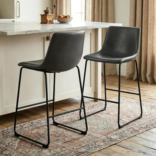 Vista 11 de LSSBOUGHT Taburete de bar, taburetes de bar modernos de altura de mostrador, taburete de bar de cuero sintético con patas y reposapiés de metal