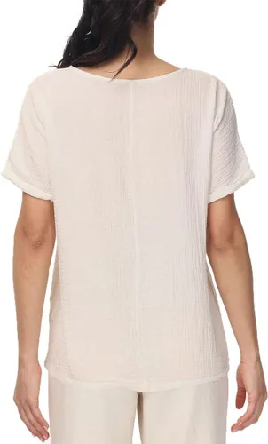 Vista 2 de Soojun - Blusa de algodón y lino para mujer, cuello redondo, diseño entramado