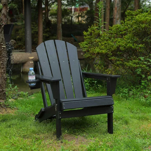 Vista 2 de Silla Adirondack plegable con soporte para tazas, silla de exterior de HDPE resistente a la intemperie, silla de césped de grano de madera para Negro